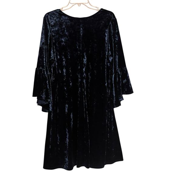 Karen Kane Plus Size 2X Stretch Teal Velvet Bell Sleeve Swing ALine Shift Dress - Picture 3 of 5